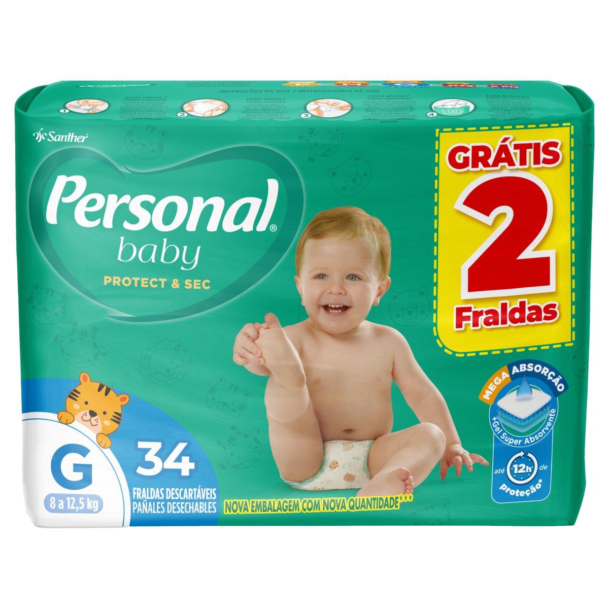 Fralda Descartável Personal Baby Protect Sec G Pacote Leve 34 Pague