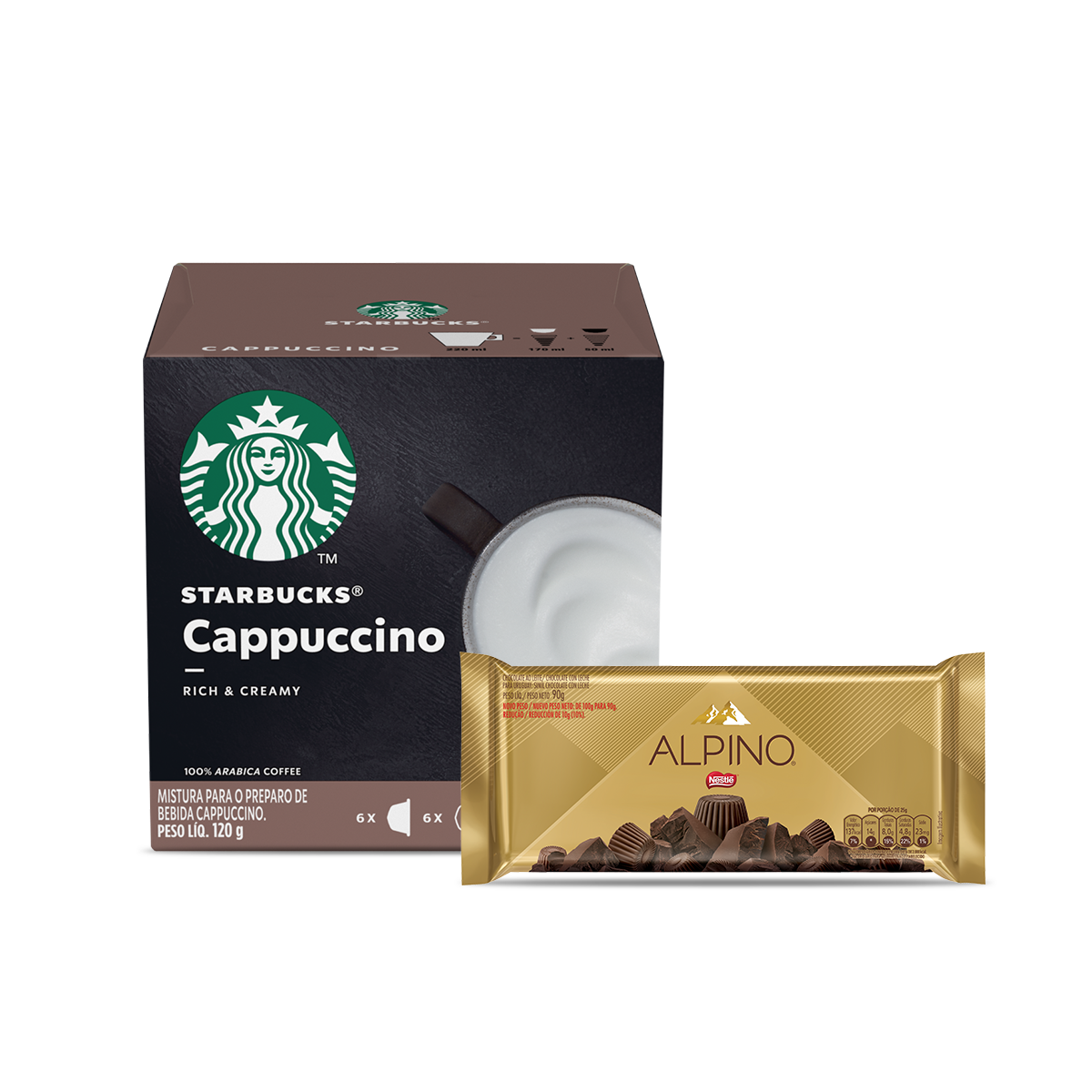 Kit Cápsula STARBUCKS NESCAFÉ DOLCE GUSTO Cappuccino 12 Cápsulas + Chocolate  Alpino 90g | Clube Extra