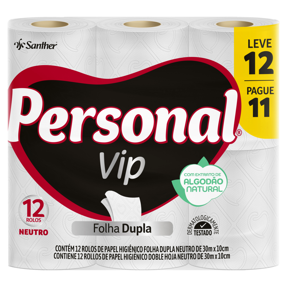 Papel Higiênico Folha Dupla Neutro Personal Vip 30m Pacote Leve 12 ...