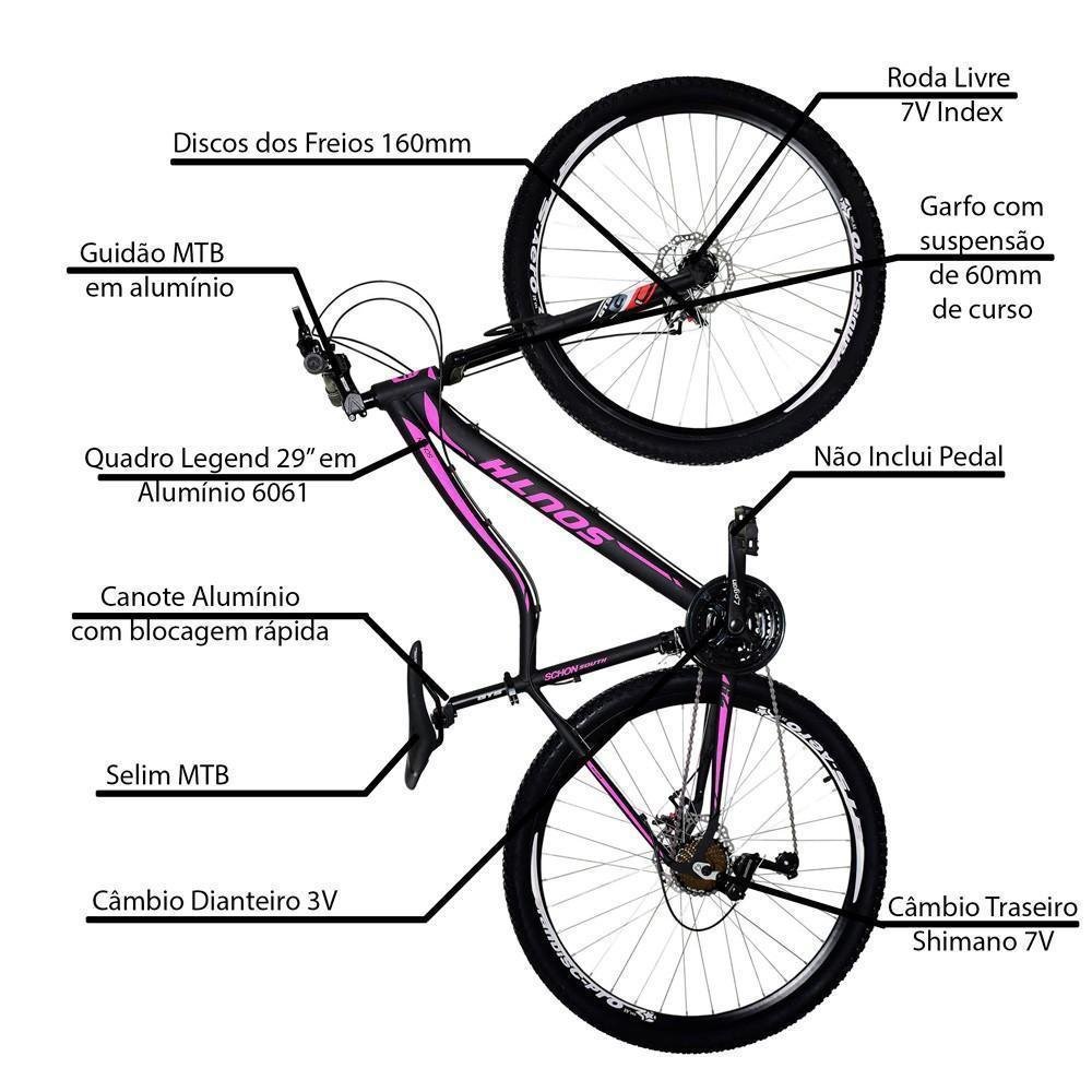 Bicicleta Schon Aro 29 Suspensão Freio a Disco Quadro 17´´ 21V Alumínio  Preto/Rosa - South Bike | Clube Extra
