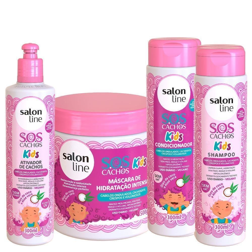 Kit Sos Kids Shampoo Condicionador Mascara Ativador De Cachos Salon Line Clube Extra